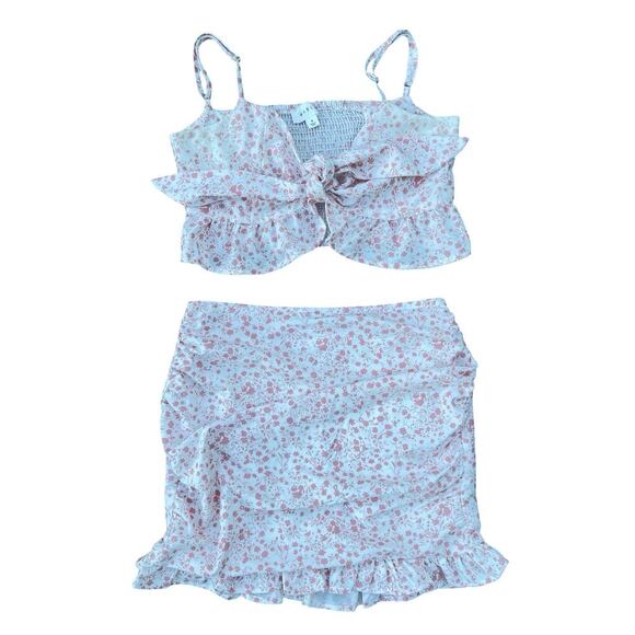 Mable Anthropologie Floral Ruffle Tie Front Crop Top Mini Skirt Set – Medium - Picture 2 of 14